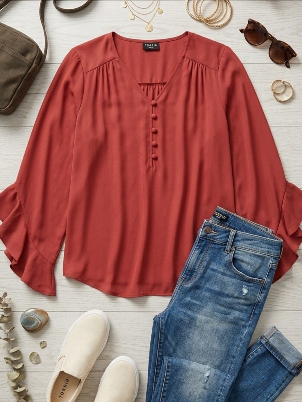 torrid Rust Red V-Neck Button Front Ruffle Sleeve Blouse